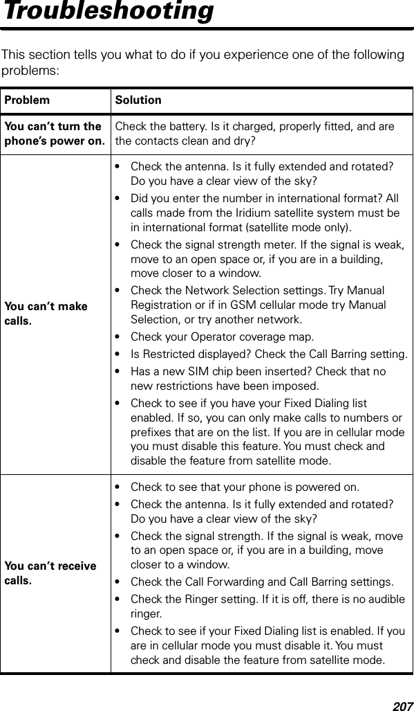 207TroubleshootingThis section tells you what to do if you experience one of the following problems: Problem SolutionYou can’t turn the phone’s power on.Check the battery. Is it charged, properly ﬁtted, and are the contacts clean and dry?You can’t make calls.•Check the antenna. Is it fully extended and rotated? Do you have a clear view of the sky?•Did you enter the number in international format? All calls made from the Iridium satellite system must be in international format (satellite mode only).•Check the signal strength meter. If the signal is weak, move to an open space or, if you are in a building, move closer to a window.•Check the Network Selection settings. Try Manual Registration or if in GSM cellular mode try Manual Selection, or try another network.•Check your Operator coverage map.•Is Restricted displayed? Check the Call Barring setting.•Has a new SIM chip been inserted? Check that no new restrictions have been imposed.•Check to see if you have your Fixed Dialing list enabled. If so, you can only make calls to numbers or preﬁxes that are on the list. If you are in cellular mode you must disable this feature. You must check and disable the feature from satellite mode.You can’t receive calls.•Check to see that your phone is powered on.•Check the antenna. Is it fully extended and rotated? Do you have a clear view of the sky?•Check the signal strength. If the signal is weak, move to an open space or, if you are in a building, move closer to a window.•Check the Call Forwarding and Call Barring settings.•Check the Ringer setting. If it is off, there is no audible ringer. •Check to see if your Fixed Dialing list is enabled. If you are in cellular mode you must disable it. You must check and disable the feature from satellite mode.