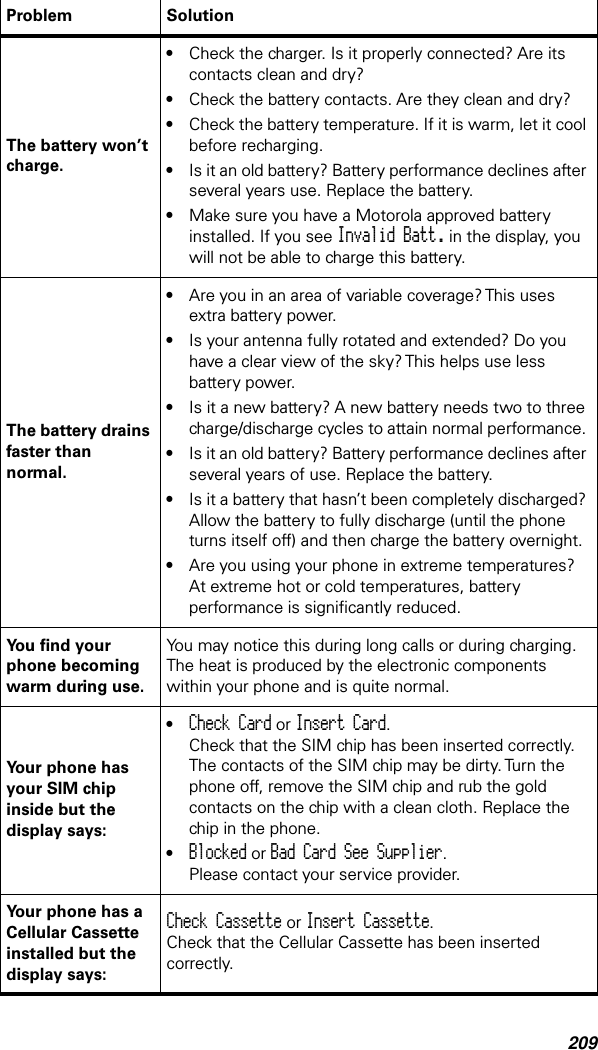 209The battery won’t charge.•Check the charger. Is it properly connected? Are its contacts clean and dry?•Check the battery contacts. Are they clean and dry?•Check the battery temperature. If it is warm, let it cool before recharging.•Is it an old battery? Battery performance declines after several years use. Replace the battery.•Make sure you have a Motorola approved battery installed. If you see Invalid Batt. in the display, you will not be able to charge this battery.The battery drains faster than normal.•Are you in an area of variable coverage? This uses extra battery power.•Is your antenna fully rotated and extended? Do you have a clear view of the sky? This helps use less battery power.•Is it a new battery? A new battery needs two to three charge/discharge cycles to attain normal performance. •Is it an old battery? Battery performance declines after several years of use. Replace the battery.•Is it a battery that hasn’t been completely discharged? Allow the battery to fully discharge (until the phone turns itself off) and then charge the battery overnight.•Are you using your phone in extreme temperatures? At extreme hot or cold temperatures, battery performance is signiﬁcantly reduced.You ﬁnd your phone becoming warm during use.You may notice this during long calls or during charging. The heat is produced by the electronic components within your phone and is quite normal.Your phone has your SIM chip inside but the display says:•Check Card or Insert Card.Check that the SIM chip has been inserted correctly. The contacts of the SIM chip may be dirty. Turn the phone off, remove the SIM chip and rub the gold contacts on the chip with a clean cloth. Replace the chip in the phone.•Blocked or Bad Card See Supplier. Please contact your service provider.Your phone has a Cellular Cassette installed but the display says:Check Cassette or Insert Cassette.Check that the Cellular Cassette has been inserted correctly.Problem Solution