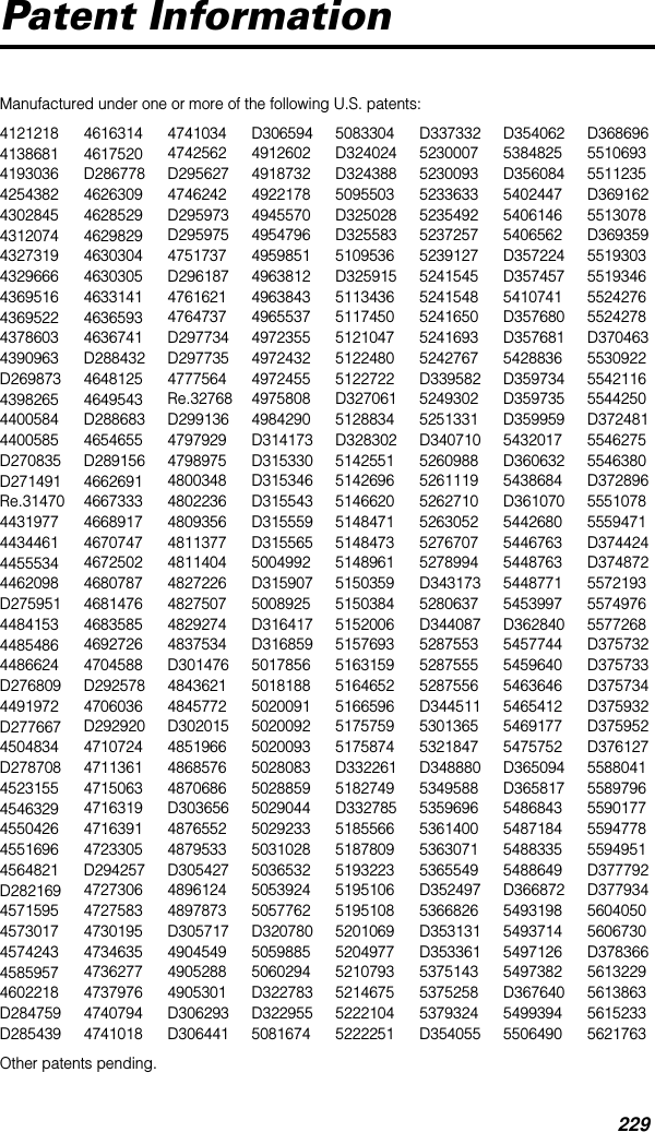 229Patent InformationManufactured under one or more of the following U.S. patents:412121841386814193036425438243028454312074432731943296664369516436952243786034390963D269873439826544005844400585D270835D271491Re.314704431977443446144555344462098D275951448415344854864486624D2768094491972D2776674504834D27870845231554546329455042645516964564821D28216945715954573017457424345859574602218D284759D28543946163144617520D28677846263094628529462982946303044630305463314146365934636741D28843246481254649543D2886834654655D2891564662691466733346689174670747467250246807874681476468358546927264704588D2925784706036D292920471072447113614715063471631947163914723305D2942574727306472758347301954734635473627747379764740794474101847410344742562D2956274746242D295973D2959754751737D29618747616214764737D297734D2977354777564Re.32768D29913647979294798975480034848022364809356481137748114044827226482750748292744837534D30147648436214845772D302015485196648685764870686D30365648765524879533D30542748961244897873D305717490454949052884905301D306293D306441D30659449126024918732492217849455704954796495985149638124963843496553749723554972432497245549758084984290D314173D315330D315346D315543D315559D3155655004992D3159075008925D316417D3168595017856501818850200915020092502009350280835028859502904450292335031028503653250539245057762D32078050598855060294D322783D32295550816745083304D324024D3243885095503D325028D3255835109536D32591551134365117450512104751224805122722D3270615128834D328302514255151426965146620514847151484735148961515035951503845152006515769351631595164652516659651757595175874D3322615182749D33278551855665187809519322351951065195108520106952049775210793521467552221045222251D33733252300075230093523363352354925237257523912752415455241548524165052416935242767D33958252493025251331D340710526098852611195262710526305252767075278994D3431735280637D344087528755352875555287556D34451153013655321847D34888053495885359696536140053630715365549D3524975366826D353131D353361537514353752585379324D354055D3540625384825D356084540244754061465406562D357224D3574575410741D357680D3576815428836D359734D359735D3599595432017D3606325438684D36107054426805446763544876354487715453997D362840545774454596405463646546541254691775475752D365094D3658175486843548718454883355488649D3668725493198549371454971265497382D36764054993945506490D36869655106935511235D3691625513078D3693595519303551934655242765524278D370463553092255421165544250D37248155462755546380D37289655510785559471D374424D374872557219355749765577268D375732D375733D375734D375932D375952D37612755880415589796559017755947785594951D377792D37793456040505606730D3783665613229561386356152335621763Other patents pending.