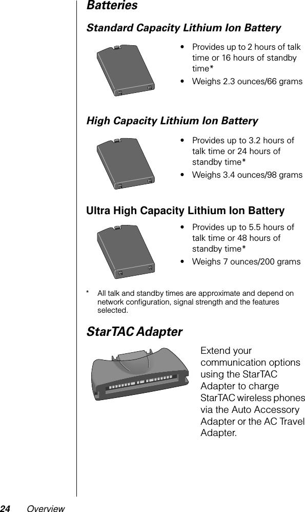 24 OverviewBatteriesStandard Capacity Lithium Ion BatteryHigh Capacity Lithium Ion BatteryUltra High Capacity Lithium Ion Battery* All talk and standby times are approximate and depend on network conﬁguration, signal strength and the features selected.StarTAC AdapterExtend your communication options using the StarTAC Adapter to charge StarTAC wireless phones via the Auto Accessory Adapter or the AC Travel Adapter.•Provides up to 2 hours of talk time or 16 hours of standby time*•Weighs 2.3 ounces/66 grams•Provides up to 3.2 hours of talk time or 24 hours of standby time*•Weighs 3.4 ounces/98 grams•Provides up to 5.5 hours of talk time or 48 hours of standby time*•Weighs 7 ounces/200 grams