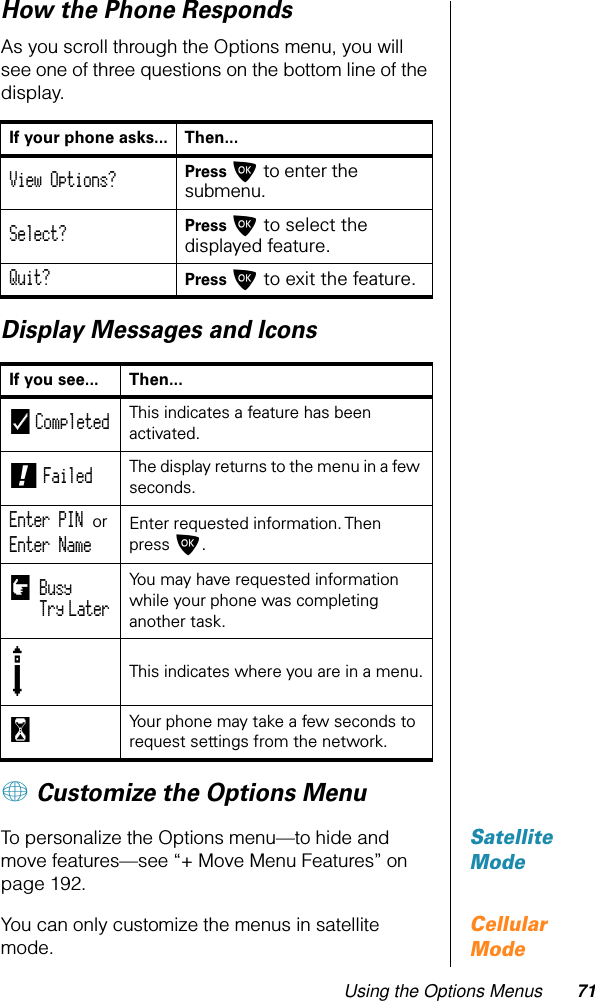 Using the Options Menus 71How the Phone RespondsAs you scroll through the Options menu, you will see one of three questions on the bottom line of the display.Display Messages and Icons+ Customize the Options MenuSatellite ModeTo personalize the Options menu—to hide and move features—see “+ Move Menu Features” on page 192.Cellular ModeYou can only customize the menus in satellite mode.If your phone asks... Then...View Options? Press O to enter the submenu.Select? Press O to select the displayed feature.Quit? Press O to exit the feature.If you see... Then...y Completed This indicates a feature has been activated.! Failed The display returns to the menu in a few seconds.Enter PIN  orEnter Name Enter requested information. Then press O.uBusyTry Later You may have requested information while your phone was completing another task.s This indicates where you are in a menu.w Your phone may take a few seconds to request settings from the network.