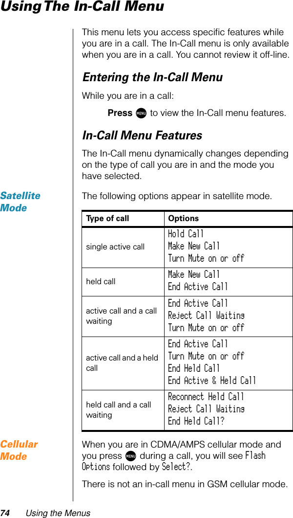 74 Using the MenusUsing The In-Call MenuThis menu lets you access speciﬁc features while you are in a call. The In-Call menu is only available when you are in a call. You cannot review it off-line.Entering the In-Call MenuWhile you are in a call:Press M to view the In-Call menu features.In-Call Menu FeaturesThe In-Call menu dynamically changes depending on the type of call you are in and the mode you have selected.Satellite ModeThe following options appear in satellite mode.Cellular ModeWhen you are in CDMA/AMPS cellular mode and you press M during a call, you will see Flash Options followed by Select?.There is not an in-call menu in GSM cellular mode.Type of call Optionssingle active callHold Call Make New Call Turn Mute on or off held call Make New Call End Active Call active call and a call waitingEnd Active Call Reject Call Waiting Turn Mute on or off active call and a held callEnd Active Call Turn Mute on or off End Held Call End Active &amp; Held Call held call and a call waitingReconnect Held Call Reject Call Waiting End Held Call?