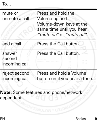 EN Basics 9Note: Some features and phone/network dependent.mute or unmute a callPress and hold the Volume-up and Volume-down keys at the same time until you hear “mute on” or “mute off”.end a call Press the Call button. answer second incoming callPress the Call button.reject second incoming callPress and hold a Volume button until you hear a tone.To …2012.05.08 INTERNAL TRIAL USE ONLY