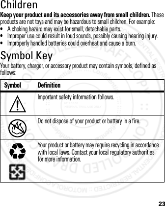 23ChildrenKeep your product and its accessories away from small children. These products are not toys and may be hazardous to small children. For example:•A choking hazard may exist for small, detachable parts.•Improper use could result in loud sounds, possibly causing hearing injury.•Improperly handled batteries could overheat and cause a burn.Symbol KeyYour battery, charger, or accessory product may contain symbols, defined as follows:Symbol DefinitionImportant safety information follows.Do not dispose of your product or battery in a fire.Your product or battery may require recycling in accordance with local laws. Contact your local regulatory authorities for more information.032374o032376o032375o2012.05.08 INTERNAL TRIAL USE ONLY