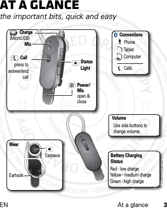 EN At a glance 3At a glancethe important bits, quick and easyVolumePhoneTabletComputerConnectionsCallsUse side buttons to change volume.Battery Charging StatusRed - low chargeYellow - medium chargeGreen - high chargeWearCall press to answer/end callCharge(MicroUSB)Status LightMicPower/Micopen &amp; close EarpieceEarhook2012.05.08 INTERNAL TRIAL USE ONLY