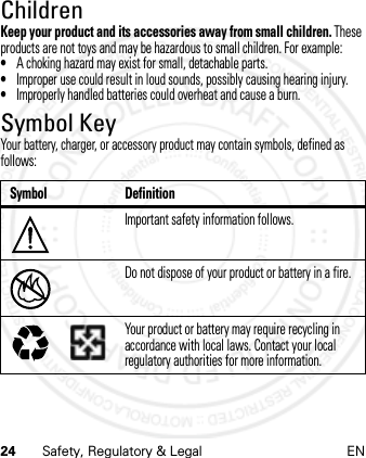 24 Safety, Regulatory &amp; Legal ENChildrenKeep your product and its accessories away from small children. These products are not toys and may be hazardous to small children. For example:•A choking hazard may exist for small, detachable parts.•Improper use could result in loud sounds, possibly causing hearing injury.•Improperly handled batteries could overheat and cause a burn.Symbol KeyYour battery, charger, or accessory product may contain symbols, defined as follows:Symbol DefinitionImportant safety information follows.Do not dispose of your product or battery in a fire.Your product or battery may require recycling in accordance with local laws. Contact your local regulatory authorities for more information.032374o032376o032375o
