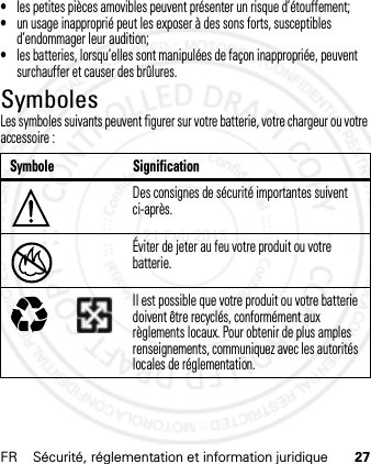 FR Sécurité, réglementation et information juridique 27•les petites pièces amovibles peuvent présenter un risque d’étouffement;•un usage inapproprié peut les exposer à des sons forts, susceptibles d’endommager leur audition;•les batteries, lorsqu’elles sont manipulées de façon inappropriée, peuvent surchauffer et causer des brûlures.SymbolesLes symboles suivants peuvent figurer sur votre batterie, votre chargeur ou votre accessoire :Symbole SignificationDes consignes de sécurité importantes suivent ci-après.Éviter de jeter au feu votre produit ou votre batterie.Il est possible que votre produit ou votre batterie doivent être recyclés, conformément aux règlements locaux. Pour obtenir de plus amples renseignements, communiquez avec les autorités locales de réglementation.032374o032376o032375o21 Feb 2013