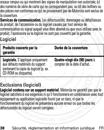 38 Sécurité, réglementation et information juridique FRsceaux rompus ou qui montrent des signes de manipulation non autorisée; (c) des numéros de série de carte qui ne correspondent pas; ou (d) des boîtiers ou des pièces non conformes ou qui ne proviennent pas de Motorola sont exclus de la couverture.Services de communication. Les défectuosités, dommages ou défaillances du produit, de l’accessoire ou du logiciel causés par tout service de communication ou signal auquel vous êtes abonné ou que vous utilisez avec le produit, l’accessoire ou le logiciel ne sont pas couverts par la garantie.LogicielExclusions (logiciel)Logiciel contenu sur un support matériel. Motorola ne garantit pas que le logiciel satisfera à vos exigences ni qu’il fonctionnera en combinaison avec tout équipement ou application logicielle fourni par un tiers, ni que le fonctionnement du logiciel ne présentera aucune erreur ou que toutes les défectuosités du logiciel seront corrigées.Produits couverts par la garantie Durée de la couvertureLogiciels. S’applique uniquement aux défauts matériels du support contenant la copie du logiciel (p. ex. CD-ROM ou disquette).Quatre-vingt-dix (90) jours à compter de la date d’achat.21 Feb 2013