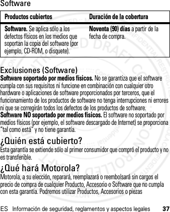 ESInformación de seguridad, reglamentos y aspectos legales37SoftwareExclusiones (Software)Software soportado por medios físicos. No se garantiza que el software cumpla con sus requisitos ni funcione en combinación con cualquier otro hardware o aplicaciones de software proporcionados por terceros, que el funcionamiento de los productos de software no tenga interrupciones ni errores ni que se corregirán todos los defectos de los productos de software.Software NO soportado por medios físicos. El software no soportado por medios físicos (por ejemplo, el software descargado de Internet) se proporciona “tal como está” y no tiene garantía.¿Quién está cubierto?Esta garantía se extiende sólo al primer consumidor que compró el producto y no es transferible.¿Qué hará Motorola?Motorola, a su elección, reparará, reemplazará o reembolsará sin cargos el precio de compra de cualquier Producto, Accesorio o Software que no cumpla con esta garantía. Podremos utilizar Productos, Accesorios o piezas Productos cubiertos Duración de la coberturaSoftware. Se aplica sólo a los defectos físicos en los medios que soportan la copia del software (por ejemplo, CD-ROM, o disquete).Noventa (90) días a partir de la fecha de compra.21 Feb 2013