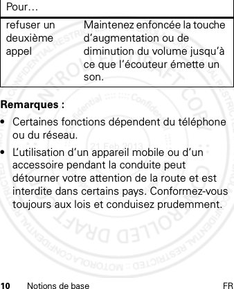 10 Notions de base FRRemarques :•Certaines fonctions dépendent du téléphone ou du réseau.•L’utilisation d’un appareil mobile ou d’un accessoire pendant la conduite peut détourner votre attention de la route et est interdite dans certains pays. Conformez-vous toujours aux lois et conduisez prudemment.refuser un deuxième appelMaintenez enfoncée la touche d’augmentation ou de diminution du volume jusqu’à ce que l’écouteur émette un son.Pour…21 Feb 2013