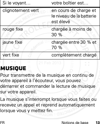 FR Notions de base 13musiquePour transmettre de la musique en continu de votre appareil à l’écouteur, vous pouvez démarrer et commander la lecture de musique sur votre appareil.La musique s’interrompt lorsque vous faites ou recevez un appel et reprend automatiquement lorsque vous y mettez fin.clignotement vert en cours de charge et le niveau de la batterie est élevérouge fixe chargée à moins de 30 %jaune fixe chargée entre 30 % et 70 % vert fixe complètement chargéSi le voyant… votre boîtier est…21 Feb 2013