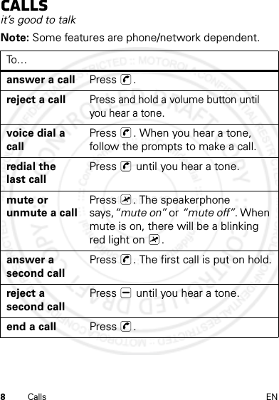 8Calls ENCallsit’s good to talkNote: Some features are phone/network dependent.To…answer a call Press .reject a callPress and hold a volume button until you hear a tone.voice dial a callPress  . When you hear a tone, follow the prompts to make a call.redial the last callPress   until you hear a tone.mute or unmute a callPress  . The speakerphone says,“mute on” or “mute off”. When mute is on, there will be a blinking red light on  .answer a second callPress  . The first call is put on hold.reject a second callPress   until you hear a tone.end a call Press .14 Feb2013