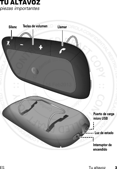 3ES Tu altavozTu altavozpiezas importantesLlamarTe clas de volumenSilencInterruptor de encendidoLuz de estadoPuerto de carga micro USB14 Feb2013