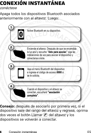 6Conexión instantánea ESConexión instantáneaconécteseApaga todos los dispositivos Bluetooth asociados anteriormente con el altavoz. Luego:Consejo: después de asociarlo por primera vez, si el dispositivo sale del rango del altavoz y regresa, oprima dos veces el botón Llamar   del altavoz y los dispositivos se volverán a conectar.11Active Bluetooth en su dispositivo.13Vaya al menú Bluetooth del dispositivo e ingrese el código de acceso 0000 si se le solicita.2Enciende el altavoz. Después de que se encendida la luz azul y escuche “listo para asociar,” siga las indicaciones de voz para asociar el dispositivo y conectarse a éste.4Cuando el dispositivo y el altavoz se conectan, escuchará “asociación completa”.14 Feb2013