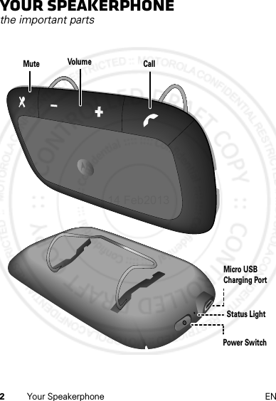 2Your Speakerphone ENYour Speakerphonethe important partsCall   VolumeMute Power SwitchStatus LightMicro USB Charging Port14 Feb2013