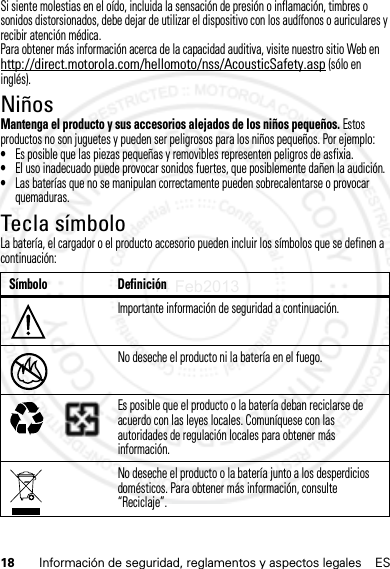 18 Información de seguridad, reglamentos y aspectos legales ESSi siente molestias en el oído, incluida la sensación de presión o inflamación, timbres o sonidos distorsionados, debe dejar de utilizar el dispositivo con los audífonos o auriculares y recibir atención médica.Para obtener más información acerca de la capacidad auditiva, visite nuestro sitio Web en http://direct.motorola.com/hellomoto/nss/AcousticSafety.asp (sólo en inglés).NiñosMantenga el producto y sus accesorios alejados de los niños pequeños. Estos productos no son juguetes y pueden ser peligrosos para los niños pequeños. Por ejemplo:•Es posible que las piezas pequeñas y removibles representen peligros de asfixia.•El uso inadecuado puede provocar sonidos fuertes, que posiblemente dañen la audición.•Las baterías que no se manipulan correctamente pueden sobrecalentarse o provocar quemaduras.Tecla símboloLa batería, el cargador o el producto accesorio pueden incluir los símbolos que se definen a continuación:Símbolo DefiniciónImportante información de seguridad a continuación.No deseche el producto ni la batería en el fuego.Es posible que el producto o la batería deban reciclarse de acuerdo con las leyes locales. Comuníquese con las autoridades de regulación locales para obtener más información.No deseche el producto o la batería junto a los desperdicios domésticos. Para obtener más información, consulte “Reciclaje”.032374o032376o032375o14 Feb2013