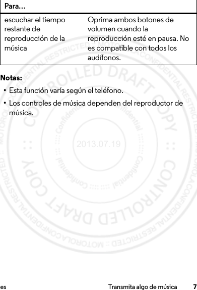 7es Transmita algo de músicaNotas:•Esta función varía según el teléfono.•Los controles de música dependen del reproductor de música.escuchar el tiempo restante de reproducción de la músicaOprima ambos botones de volumen cuando la reproducción esté en pausa. No es compatible con todos los audífonos.Para…2013.07.19