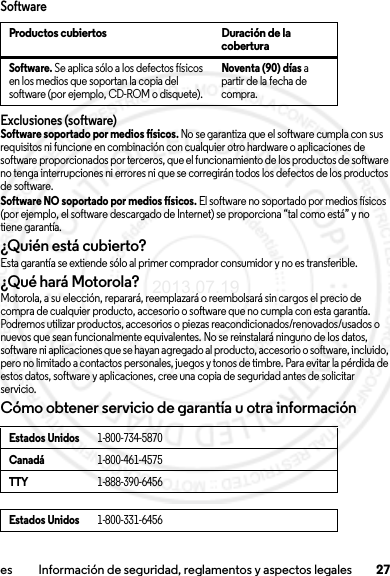 27es Información de seguridad, reglamentos y aspectos legalesSoftwareExclusiones (software)Software soportado por medios físicos. No se garantiza que el software cumpla con sus requisitos ni funcione en combinación con cualquier otro hardware o aplicaciones de software proporcionados por terceros, que el funcionamiento de los productos de software no tenga interrupciones ni errores ni que se corregirán todos los defectos de los productos de software.Software NO soportado por medios físicos. El software no soportado por medios físicos (por ejemplo, el software descargado de Internet) se proporciona “tal como está” y no tiene garantía.¿Quién está cubierto?Esta garantía se extiende sólo al primer comprador consumidor y no es transferible.¿Qué hará Motorola?Motorola, a su elección, reparará, reemplazará o reembolsará sin cargos el precio de compra de cualquier producto, accesorio o software que no cumpla con esta garantía. Podremos utilizar productos, accesorios o piezas reacondicionados/renovados/usados o nuevos que sean funcionalmente equivalentes. No se reinstalará ninguno de los datos, software ni aplicaciones que se hayan agregado al producto, accesorio o software, incluido, pero no limitado a contactos personales, juegos y tonos de timbre. Para evitar la pérdida de estos datos, software y aplicaciones, cree una copia de seguridad antes de solicitar servicio.Cómo obtener servicio de garantía u otra informaciónProductos cubiertos Duración de la coberturaSoftware. Se aplica sólo a los defectos físicos en los medios que soportan la copia del software (por ejemplo, CD-ROM o disquete).Noventa (90) días a partir de la fecha de compra.Estados Unidos1-800-734-5870Canadá1-800-461-4575TTY1-888-390-6456Estados Unidos1-800-331-64562013.07.19