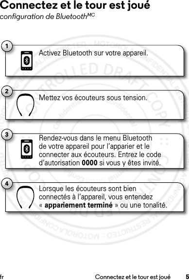 5fr Connectez et le tour est jouéConnectez et le tour est jouéconfiguration de BluetoothMC1Activez Bluetooth sur votre appareil.2Mettez vos écouteurs sous tension.4Lorsque les écouteurs sont bien connectés à l’appareil, vous entendez « appariement terminé » ou une tonalité.3Rendez-vous dans le menu Bluetooth de votre appareil pour l’apparier et le connecter aux écouteurs. Entrez le code d’autorisation 0000 si vous y êtes invité.2013.07.19