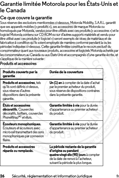 26 Sécurité, réglementation et information juridique frGarantie limitée Motorola pour les États-Unis et le CanadaGarantieCe que couvre la garantieSous réserve des exclusions mentionnées ci-dessous, Motorola Mobility, S.A.R.L. garantit que ses appareils mobiles (« produits »), ses accessoires de marque Motorola ou homologués par Motorola, vendus pour être utilisés avec ces produits (« accessoires ») et le logiciel Motorola contenu sur CD-ROM ou sur d’autres supports matériels et vendu pour être utilisé avec ces produits (« logiciel ») seront exempts de vices de matériaux et de fabrication à condition qu’ils soient employés de manière conforme pendant la ou les périodes indiquées ci-dessous. Cette garantie limitée constitue le recours exclusif du consommateur quant aux nouveaux produits, accessoires et logiciels Motorola achetés par les consommateurs au Canada ou aux États-Unis et accompagnés d’une garantie écrite, et s’applique de la manière suivante :Produits et accessoiresProduits couverts par la garantie Durée de la couvertureProduits et accessoires, tels qu’ils sont définis ci-dessus, sous réserve d’autres dispositions dans la présente garantie.Un (1) an à compter de la date d’achat par le premier acheteur du produit, sous réserve de dispositions contraires dans la présente garantie.Étuis et accessoires décoratifs. Couvercles décoratifs, boîtiers, couvercles PhoneWrapMC et étuis.Garantie limitée à vie pour la durée d’appartenance au premier acheteur du produit.Écouteurs monophoniques. Écouteurs et écouteurs avec micro-rail transmettant des sons monophoniques par connexion filaire.Garantie limitée à vie pour la durée d’appartenance au premier acheteur du produit.Produits et accessoires réparés ou remplacés. La période restante de la garantie d’origine ou pendant quatre-vingt-dix (90) jours à compter de la date de renvoi à l’acheteur, suivant la période la plus longue.2013.07.19