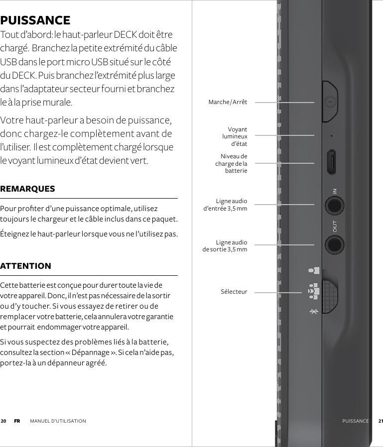 Ligne audio  de sortie 3,5 mm Ligne audio  d’entrée 3,5 mmVoyant  lumineux  d’étatNiveau de  charge de la batterieMarche / ArrêtSélecteurPUISSANCE Tout d’abord: le haut-parleur DECK doit être chargé.  Branchez la petite extrémité du câble USB dans le port micro USB situé sur le côté du DECK. Puis branchez l’extrémité plus large dans l’adaptateur secteur fourni et branchez le à la prise murale.Votre haut-parleur a besoin de puissance, donc chargez-le complètement avant de l’utiliser.  Il est complètement chargé lorsque le voyant lumineux d’état devient vert.REMARQUES Pour proter d’une puissance optimale, utilisez  toujours le chargeur et le câble inclus dans ce paquet.Éteignez le haut-parleur lorsque vous ne l’utilisez pas.  ATTENTION Cette batterie est conçue pour durer toute la vie de votre appareil. Donc, il n’est pas nécessaire de la sortir ou d’y toucher. Si vous essayez de retirer ou de remplacer votre batterie, cela annulera votre garantie et pourrait  endommager votre appareil. Si vous suspectez des problèmes liés à la batterie, consultez la section « Dépannage ». Si cela n’aide pas, portez-la à un dépanneur agréé.FR MANUEL D’UTILISATION  21 20 PUISSANCEFR