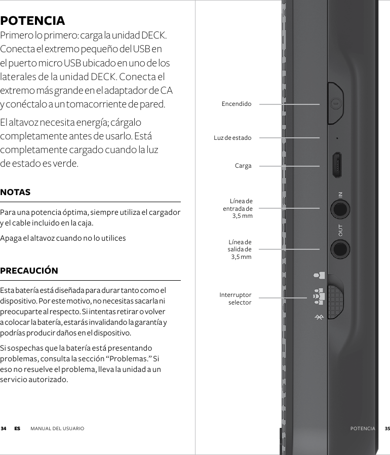 Línea de  salida de  3,5 mmLínea de  entrada de  3,5 mmLuz de estadoCargaEncendidoInterruptor  selectorPOTENCIA  Primero lo primero: carga la unidad DECK. Conecta el extremo pequeño del USB en  el puerto micro USB ubicado en uno de los  laterales de la unidad DECK. Conecta el  extremo más grande en el adaptador de CA  y conéctalo a un tomacorriente de pared.El altavoz necesita energía; cárgalo  completamente antes de usarlo. Está  completamente cargado cuando la luz  de estado es verde.NOTAS Para una potencia óptima, siempre utiliza el cargador y el cable incluido en la caja.Apaga el altavoz cuando no lo utilicesPRECAUCIÓN Esta batería está diseñada para durar tanto como el dispositivo. Por este motivo, no necesitas sacarla ni preocuparte al respecto. Si intentas retirar o volver a colocar la batería, estarás invalidando la garantía y podrías producir daños en el dispositivo. Si sospechas que la batería está presentando  problemas, consulta la sección “Problemas.” Si  eso no resuelve el problema, lleva la unidad a un  servicio autorizado.ES MANUAL DEL USUARIO  35 34 POTENCIA 34 ES