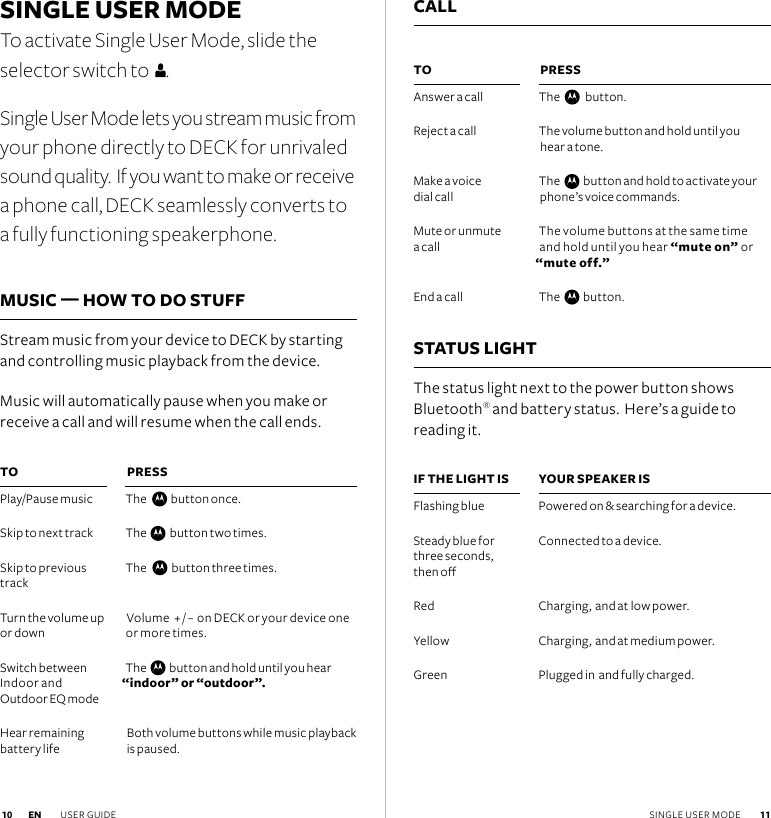 SINGLE USER MODE To activate Single User Mode, slide the selector switch to   .Single User Mode lets you stream music from your phone directly to DECK for unrivaled sound quality.  If you want to make or receive  a phone call, DECK seamlessly converts to a fully functioning speakerphone.MUSIC — HOW TO DO STUFFStream music from your device to DECK by starting and controlling music playback from the device. Music will automatically pause when you make or receive a call and will resume when the call ends.STATUS LIGHT The status light next to the power button shows Bluetooth® and battery status.  Here’s a guide to reading it.TOPlay/Pause music Skip to next track Skip to previous track Turn the volume up or downSwitch between  Indoor and  Outdoor EQ modeHear remaining battery lifeTO Answer a callReject a call Make a voice  dial callMute or unmute a call End a callIF THE LIGHT IS Flashing blueSteady blue for three seconds, then oRedYellowGreenPRESSThe     button once.The     button two times.The      button three times. Volume  + / –  on DECK or your device one or more times.The     button and hold until you hear  “indoor” or “outdoor”. Both volume buttons while music playback is paused.PRESSThe      button.The volume button and hold until you hear a tone.The     button and hold to activate your phone’s voice commands.The volume buttons at the same time and hold until you hear “mute on” or “mute off.”The     button.YOUR SPEAKER ISPowered on &amp; searching for a device.Connected to a device.  Charging,  and at low power.Charging,  and at medium power.Plugged in  and fully charged.CALLEN USER GUIDE  11 10 SINGLE USER MODE