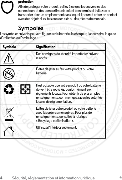 4Sécurité, réglementation et information juridique frprotectionAfin de protéger votre produit, veillez à ce que les couvercles des connecteurs et des compartiments soient bien fermés et évitez de le transporter dans un emplacement dans lequel il pourrait entrer en contact avec des objets durs, tels que des clés ou des pièces de monnaie.SymbolesLes symboles suivants peuvent figurer sur la batterie, le chargeur, l’accessoire, le guide d’utilisation ou l’emballage :Symbole SignificationDes consignes de sécurité importantes suivent ci-après.Évitez de jeter au feu votre produit ou votre batterie.Il est possible que votre produit ou votre batterie doivent être recyclés, conformément aux règlements locaux. Pour obtenir de plus amples renseignements, communiquez avec les autorités locales de réglementation.Évitez de jeter votre produit ou votre batterie avec les ordures ménagères. Pour plus de renseignements, consultez la rubrique « Recyclage et élimination ».Utilisez à l’intérieur seulement.032374o032376o032375o23 JULY 2013