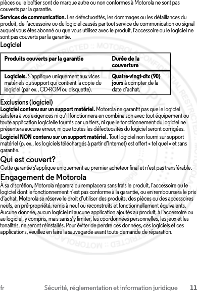 11fr Sécurité, réglementation et information juridiquepièces ou le boîtier sont de marque autre ou non conformes à Motorola ne sont pas couverts par la garantie.Services de communication. Les défectuosités, les dommages ou les défaillances du produit, de l’accessoire ou du logiciel causés par tout service de communication ou signal auquel vous êtes abonné ou que vous utilisez avec le produit, l’accessoire ou le logiciel ne sont pas couverts par la garantie.LogicielExclusions (logiciel)Logiciel contenu sur un support matériel. Motorola ne garantit pas que le logiciel satisfera à vos exigences ni qu’il fonctionnera en combinaison avec tout équipement ou toute application logicielle fournis par un tiers, ni que le fonctionnement du logiciel ne présentera aucune erreur, ni que toutes les défectuosités du logiciel seront corrigées.Logiciel NON contenu sur un support matériel. Tout logiciel non fourni sur support matériel (p. ex., les logiciels téléchargés à partir d’Internet) est offert « tel quel » et sans garantie.Qui est couvert?Cette garantie s’applique uniquement au premier acheteur final et n’est pas transférable.Engagement de MotorolaÀ sa discrétion, Motorola réparera ou remplacera sans frais le produit, l’accessoire ou le logiciel dont le fonctionnement n’est pas conforme à la garantie, ou en remboursera le prix d’achat. Motorola se réserve le droit d’utiliser des produits, des pièces ou des accessoires neufs, en pré-propriété, remis à neuf ou reconstruits et fonctionnellement équivalents. Aucune donnée, aucun logiciel ni aucune application ajoutés au produit, à l’accessoire ou au logiciel, y compris, mais sans s’y limiter, les coordonnées personnelles, les jeux et les tonalités, ne seront réinstallés. Pour éviter de perdre ces données, ces logiciels et ces applications, veuillez en faire la sauvegarde avant toute demande de réparation.Produits couverts par la garantie Durée de la couvertureLogiciels. S’applique uniquement aux vices matériels du support qui contient la copie du logiciel (par ex., CD-ROM ou disquette).Quatre-vingt-dix (90) jours à compter de la date d’achat.23 JULY 2013