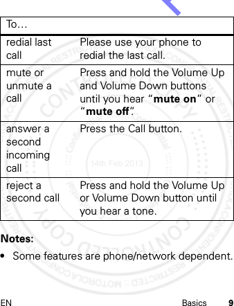 EN Basics 9Notes: •Some features are phone/network dependent.redial last callPlease use your phone to redial the last call.mute or unmute a callPress and hold the Volume Up and Volume Down buttons until you hear “mute on” or “mute off”.answer a second incoming callPress the Call button.reject a second callPress and hold the Volume Up or Volume Down button until you hear a tone.To …14th Feb 2013http://www.pdfdo.com PDFdo Password Remover Trial