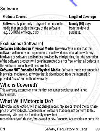 EN Safety, Regulatory &amp; Legal 33SoftwareExclusions (Software)Software Embodied in Physical Media. No warranty is made that the software will meet your requirements or will work in combination with any hardware or software applications provided by third parties, that the operation of the software products will be uninterrupted or error free, or that all defects in the software products will be corrected.Software NOT Embodied in Physical Media. Software that is not embodied in physical media (e.g. software that is downloaded from the Internet), is provided “as is” and without warranty.Who is Covered?This warranty extends only to the first consumer purchaser, and is not transferable.What Will Motorola Do?Motorola, at its option, will at no charge repair, replace or refund the purchase price of any Products, Accessories or Software that does not conform to this warranty. We may use functionally equivalent reconditioned/refurbished/pre-owned or new Products, Accessories or parts. No Products Covered Length of CoverageSoftware. Applies only to physical defects in the media that embodies the copy of the software (e.g. CD-ROM, or floppy disk).Ninety (90) days from the date of purchase.14th Feb 2013http://www.pdfdo.com PDFdo Password Remover Trial