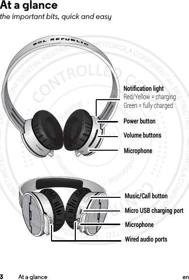 3At a glance enAt a glancethe important bits, quick and easySOL REPUBLICVolume buttonsMicrophonePower buttonNotiﬁcation lightRed/Yellow = chargingGreen = fully chargedRMusic/Call buttonMicro USB charging portMicrophoneWired audio ports2013.07.01 