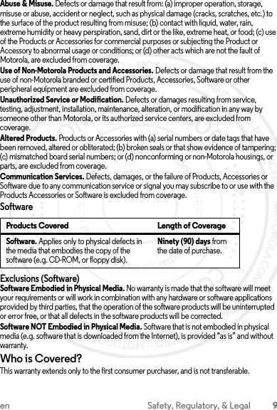 9en Safety, Regulatory, &amp; LegalAbuse &amp; Misuse. Defects or damage that result from: (a) improper operation, storage, misuse or abuse, accident or neglect, such as physical damage (cracks, scratches, etc.) to the surface of the product resulting from misuse; (b) contact with liquid, water, rain, extreme humidity or heavy perspiration, sand, dirt or the like, extreme heat, or food; (c) use of the Products or Accessories for commercial purposes or subjecting the Product or Accessory to abnormal usage or conditions; or (d) other acts which are not the fault of Motorola, are excluded from coverage.Use of Non-Motorola Products and Accessories. Defects or damage that result from the use of non-Motorola branded or certified Products, Accessories, Software or other peripheral equipment are excluded from coverage.Unauthorized Service or Modification. Defects or damages resulting from service, testing, adjustment, installation, maintenance, alteration, or modification in any way by someone other than Motorola, or its authorized service centers, are excluded from coverage.Altered Products. Products or Accessories with (a) serial numbers or date tags that have been removed, altered or obliterated; (b) broken seals or that show evidence of tampering; (c) mismatched board serial numbers; or (d) nonconforming or non-Motorola housings, or parts, are excluded from coverage.Communication Services. Defects, damages, or the failure of Products, Accessories or Software due to any communication service or signal you may subscribe to or use with the Products Accessories or Software is excluded from coverage.SoftwareExclusions (Software)Software Embodied in Physical Media. No warranty is made that the software will meet your requirements or will work in combination with any hardware or software applications provided by third parties, that the operation of the software products will be uninterrupted or error free, or that all defects in the software products will be corrected.Software NOT Embodied in Physical Media. Software that is not embodied in physical media (e.g. software that is downloaded from the Internet), is provided “as is” and without warranty.Who is Covered?This warranty extends only to the first consumer purchaser, and is not transferable.Products Covered Length of CoverageSoftware. Applies only to physical defects in the media that embodies the copy of the software (e.g. CD-ROM, or floppy disk).Ninety (90) days from the date of purchase.2013.07.29 