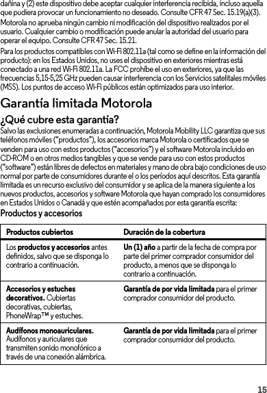 15dañina y (2) este dispositivo debe aceptar cualquier interferencia recibida, incluso aquella que pudiera provocar un funcionamiento no deseado. Consulte CFR 47 Sec. 15.19(a)(3).Motorola no aprueba ningún cambio ni modificación del dispositivo realizados por el usuario. Cualquier cambio o modificación puede anular la autoridad del usuario para operar el equipo. Consulte CFR 47 Sec. 15.21.Para los productos compatibles con Wi-Fi 802.11a (tal como se define en la información del producto): en los Estados Unidos, no uses el dispositivo en exteriores mientras está conectado a una red Wi-Fi 802.11a. La FCC prohíbe el uso en exteriores, ya que las frecuencias 5,15-5,25 GHz pueden causar interferencia con los Servicios satelitales móviles (MSS). Los puntos de acceso Wi-Fi públicos están optimizados para uso interior.Garantía limitada MotorolaGarantía¿Qué cubre esta garantía?Salvo las exclusiones enumeradas a continuación, Motorola Mobility LLC garantiza que sus teléfonos móviles (“productos”), los accesorios marca Motorola o certificados que se venden para uso con estos productos (“accesorios”) y el software Motorola incluido en CD-ROM o en otros medios tangibles y que se vende para uso con estos productos (“software”) están libres de defectos en materiales y mano de obra bajo condiciones de uso normal por parte de consumidores durante el o los períodos aquí descritos. Esta garantía limitada es un recurso exclusivo del consumidor y se aplica de la manera siguiente a los nuevos productos, accesorios y software Motorola que hayan comprado los consumidores en Estados Unidos o Canadá y que estén acompañados por esta garantía escrita:Productos y accesoriosProductos cubiertos Duración de la coberturaLos productos y accesorios antes definidos, salvo que se disponga lo contrario a continuación.Un (1) año a partir de la fecha de compra por parte del primer comprador consumidor del producto, a menos que se disponga lo contrario a continuación.Accesorios y estuches decorativos. Cubiertas decorativas, cubiertas, PhoneWrap™ y estuches.Garantía de por vida limitada para el primer comprador consumidor del producto.Audífonos monoauriculares. Audífonos y auriculares que transmiten sonido monofónico a través de una conexión alámbrica.Garantía de por vida limitada para el primer comprador consumidor del producto.