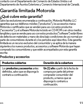 es 11contacto con el Departamento de Comercio de Estados Unidos o el Departamento de Asuntos Exteriores y Comercio Internacional de Canadá.Garantía limitada MotorolaGarantía¿Qué cubre esta garantía?Salvo las exclusiones enumeradas a continuación, Motorola Mobility LLC garantiza que sus teléfonos móviles (“productos”), los accesorios marca Motorola o certificados que se venden para uso con estos productos (“accesorios”) y el software Motorola incluido en CD-ROM o en otros medios tangibles y que se vende para uso con estos productos (“software”) están libres de defectos en materiales y mano de obra bajo condiciones de uso normal por parte de consumidores durante el o los períodos aquí descritos. Esta garantía limitada es un recurso exclusivo del consumidor y se aplica de la manera siguiente a los nuevos productos, accesorios y software Motorola que hayan comprado los consumidores y que estén acompañados por esta garantía escrita:Productos y accesoriosProductos cubiertos Duración de la coberturaLos productos y accesorios antes definidos, salvo que se disponga lo contrario a continuación.Un (1) año a partir de la fecha de compra por parte del primer comprador consumidor del producto, a menos que se disponga lo contrario a continuación.