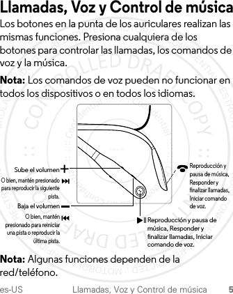 es-US Llamadas, Voz y Control de música 5Llamadas, Voz y Control de músicaLos botones en la punta de los auriculares realizan las mismas funciones. Presiona cualquiera de los botones para controlar las llamadas, los comandos de voz y la música.Nota: Los comandos de voz pueden no funcionar en todos los dispositivos o en todos los idiomas. Nota: Algunas funciones dependen de la red/teléfono. Sube el volumen+Reproducción y pausa de música, Responder y nalizar llamadas, Iniciar comando de voz.Reproducción y pausa de música, Responder y nalizar llamadas, Iniciar comando de voz.O bien, mantén presionado para reiniciar una pista o reproducir la última pista.Baja el volumenO bien, mantén presionado para reproducir la siguiente pista.1-JUL-15