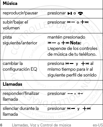 6Llamadas, Voz y Control de música es-USMúsicareproducir/pausar presionar subir/bajar el volumenpresionar pista siguiente/anteriormantén presionado  Nota: Depende de los controles de música de tu teléfono.cambiar la configuración EQ presiona  al mismo tiempo para ir al siguiente perfil de sonidoLlamadasresponder/finalizar llamadapresionar silenciar durante la llamadapresionar o+o+o+y+y+y1-JUL-15