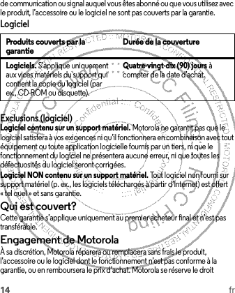 14 frde communication ou signal auquel vous êtes abonné ou que vous utilisez avec le produit, l’accessoire ou le logiciel ne sont pas couverts par la garantie.LogicielExclusions (logiciel)Logiciel contenu sur un support matériel. Motorola ne garantit pas que le logiciel satisfera à vos exigences ni qu’il fonctionnera en combinaison avec tout équipement ou toute application logicielle fournis par un tiers, ni que le fonctionnement du logiciel ne présentera aucune erreur, ni que toutes les défectuosités du logiciel seront corrigées.Logiciel NON contenu sur un support matériel. Tout logiciel non fourni sur support matériel (p. ex., les logiciels téléchargés à partir d’Internet) est offert « tel quel » et sans garantie.Qui est couvert?Cette garantie s’applique uniquement au premier acheteur final et n’est pas transférable.Engagement de MotorolaÀ sa discrétion, Motorola réparera ou remplacera sans frais le produit, l’accessoire ou le logiciel dont le fonctionnement n’est pas conforme à la garantie, ou en remboursera le prix d’achat. Motorola se réserve le droit Produits couverts par la garantie Durée de la couvertureLogiciels. S’applique uniquement aux vices matériels du support qui contient la copie du logiciel (par ex., CD-ROM ou disquette).Quatre-vingt-dix (90) jours à compter de la date d’achat.