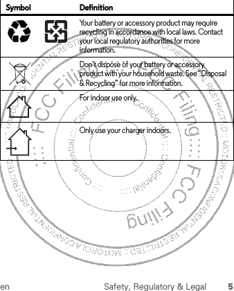 en Safety, Regulatory &amp; Legal 5Your battery or accessory product may require recycling in accordance with local laws. Contact your local regulatory authorities for more information.Don’t dispose of your battery or accessory product with your household waste. See “Disposal &amp; Recycling” for more information.For indoor use only.Only use your charger indoors.Symbol Definition032375o