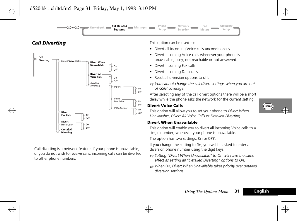Using The Options Menu 31 EnglishCall DivertingCall diverting is a network feature. If your phone is unavailable, or you do not wish to receive calls, incoming calls can be diverted to other phone numbers.This option can be used to:• Divert all incoming Voice calls unconditionally.• Divert incoming Voice calls whenever your phone is unavailable, busy, not reachable or not answered.• Divert incoming Fax calls.• Divert incoming Data calls.• Reset all diversion options to off.AYou cannot change the call divert settings when you are out of GSM coverage.After selecting any of the call divert options there will be a short delay while the phone asks the network for the current setting.Divert Voice CallsThis option will allow you to set your phone to Divert When Unavailable, Divert All Voice Calls or Detailed Diverting.Divert When UnavailableThis option will enable you to divert all incoming Voice calls to a single number, whenever your phone is unavailable.The option has two settings, On or Off.If you change the setting to On, you will be asked to enter a diversion phone number using the digit keys.ASetting “Divert When Unavailable” to On will have the same effect as setting all “Detailed Diverting” options to On.AWhen On, Divert When Unavailable takes priority over detailed diversion settings.d520.bk : clrltd.fm5  Page 31  Friday, May 1, 1998  3:10 PM