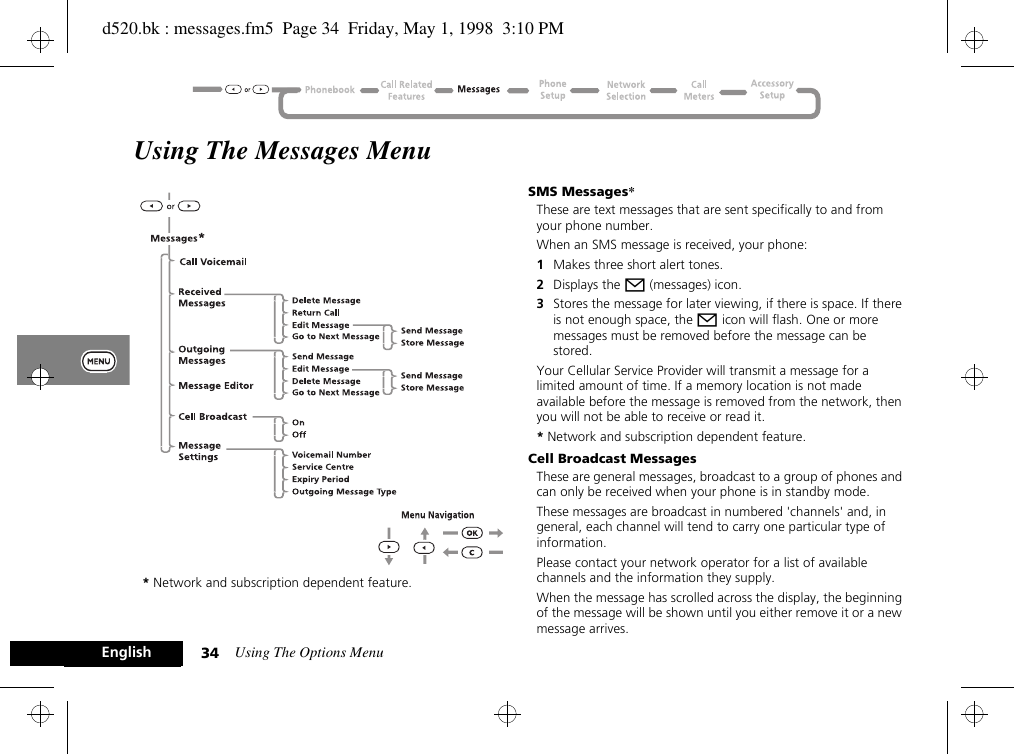 Using The Options Menu34EnglishUsing The Messages Menu* Network and subscription dependent feature.SMS Messages*These are text messages that are sent specifically to and from your phone number.When an SMS message is received, your phone:1Makes three short alert tones.2Displays the o (messages) icon.3Stores the message for later viewing, if there is space. If there is not enough space, the o icon will flash. One or more messages must be removed before the message can be stored.Your Cellular Service Provider will transmit a message for a limited amount of time. If a memory location is not made available before the message is removed from the network, then you will not be able to receive or read it.* Network and subscription dependent feature.Cell Broadcast MessagesThese are general messages, broadcast to a group of phones and can only be received when your phone is in standby mode.These messages are broadcast in numbered &apos;channels&apos; and, in general, each channel will tend to carry one particular type of information.Please contact your network operator for a list of available channels and the information they supply.When the message has scrolled across the display, the beginning of the message will be shown until you either remove it or a new message arrives.d520.bk : messages.fm5  Page 34  Friday, May 1, 1998  3:10 PM