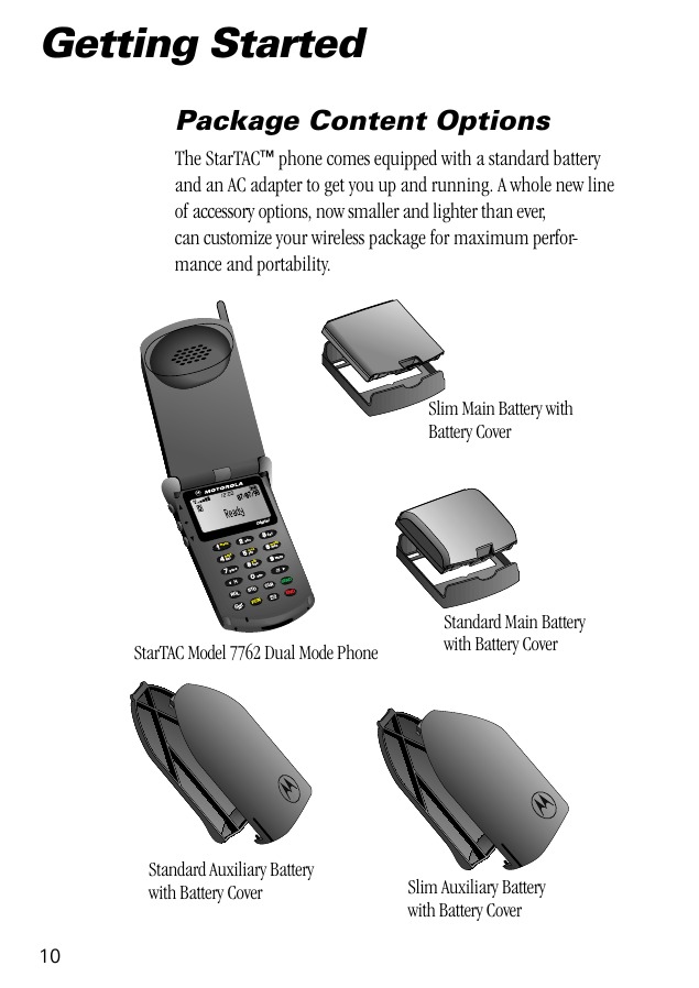  10 Getting Started Package Content Options The StarTAC ™  phone comes equipped with a standard battery and an AC adapter to get you up and running. A whole new line of accessory options, now smaller and lighter than ever, can customize your wireless package for maximum perfor-mance and portability.66993355880022447711lockvibbattmenumuteRCL STO CLRSENDFCN ENDtuvjkl mnowxyzpqrsghidefoprabcDigital07/07/98Slim Main Battery with Battery CoverStandard Main Battery with Battery CoverStarTAC Model 7762 Dual Mode PhoneStandard Auxiliary Battery with Battery Cover Slim Auxiliary Batterywith Battery Cover