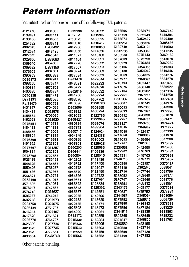 113ReferencePatent InformationManufactured under one or more of the following U.S. patents:412121841386814193036425438243028454312074432731943296664369516436952243786034390963D269873439826544005844400585D270835D271491Re.314704431977443446144555344462098D275951448415344854864486624D2768094491972D2776674504834D27870845231554546329455042645516964564821D28216945715954573017457424345859574602218D284759D28543946163144617520D28677846263094628529462982946303044630305463314146365934636741D28843246481254649543D2886834654655D2891564662691466733346689174670747467250246807874681476468358546927264704588D2925784706036D292920471072447113614715063471631947163914723305D2942574727306472758347301954734635473627747379764740794474101847410344742562D2956274746242D295973D2959754751737D29618747616214764737D297734D2977354777564Re.32768D29913647979294798975480034848022364809356481137748114044827226482750748292744837534D30147648436214845772D302015485196648685764870686D30365648765524879533D30542748961244897873D305717490454949052884905301D306293D306441D30659449126024918732492217849455704954796495985149638124963843496553749723554972432497245549758084984290D314173D315330D315346D315543D315559D3155655004992D3159075008925D316417D3168595017856501818850200915020092502009350280835028859502904450292335031028503653250539245057762D32078050598855060294D322783D32295550816745083304D324024D3243885095503D325028D3255835109536D32591551134365117450512104751224805122722D3270615128834D328302514255151426965146620514847151484735148961515035951503845152006515769351631595164652516659651757595175874D3322615182749D33278551855665187809519322351951065195108520106952049775210793521467552221045222251D33733252300075230093523363352354925237257523912752415455241548524165052416935242767D33958252493025251331D340710526098852611195262710526305252767075278994D3431735280637D344087528755352875555287556D34451153013655321847D34888053495885359696536140053630715365549D3524975366826D353131D353361537514353752585379324D354055D3540625384825D356084540244754061465406562D357224D3574575410741D357680D3576815428836D359734D359735D3599595432017D3606325438684D36107054426805446763544876354487715453997D362840545774454596405463646546541254691775475752D365094D3658175486843548718454883355488649D3668725493198549371454971265497382D36764054993945506490D36869655106935511235D3691625513078D3693595519303551934655242765524278D370463553092255421165544250D37248155462755546380D37289655510785559471D374424D374872557219355749765577268D375732D375733D375734D375932D375952D37612755880415589796559017755947785594951D377792D37793456040505606730D3783665613229561386356152335621763Other patents pending.