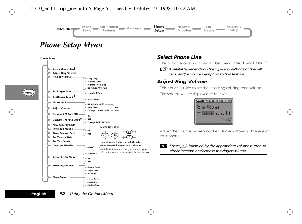 Using the Options Menu52EnglishPhone Setup MenuSelect Phone LineThis option allows you to switch between Line 1 and Line 2.AAvailability depends on the type and settings of the SIM card, and/or your subscription to this feature.Adjust Ring VolumeThis option is used to set the incoming call ring tone volume.The volume will be displayed as follows:Adjust the volume by pressing the volume buttons on the side of your phone.iPress E followed by the appropriate volume button to either increase or decrease the ringer volume.st210_en.bk : opt_menu.fm5  Page 52  Tuesday, October 27, 1998  10:42 AM