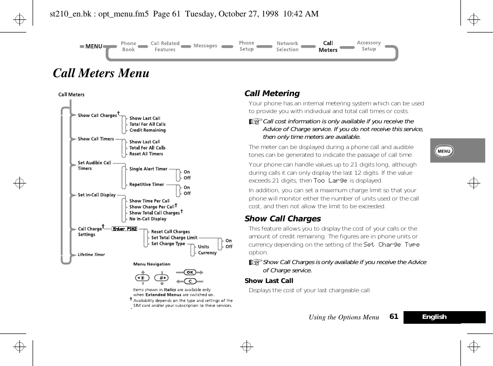 Using the Options Menu 61 EnglishCall Meters MenuCall MeteringYour phone has an internal metering system which can be used to provide you with individual and total call times or costs.ACall cost information is only available if you receive the Advice of Charge service. If you do not receive this service, then only time meters are available.The meter can be displayed during a phone call and audible tones can be generated to indicate the passage of call time.Your phone can handle values up to 21 digits long, although during calls it can only display the last 12 digits. If the value exceeds 21 digits, then Too Large is displayed.In addition, you can set a maximum charge limit so that your phone will monitor either the number of units used or the call cost, and then not allow the limit to be exceeded.Show Call ChargesThis feature allows you to display the cost of your calls or the amount of credit remaining. The figures are in phone units or currency depending on the setting of the Set Charge Type option.AShow Call Charges is only available if you receive the Advice of Charge service.Show Last CallDisplays the cost of your last chargeable call.st210_en.bk : opt_menu.fm5  Page 61  Tuesday, October 27, 1998  10:42 AM