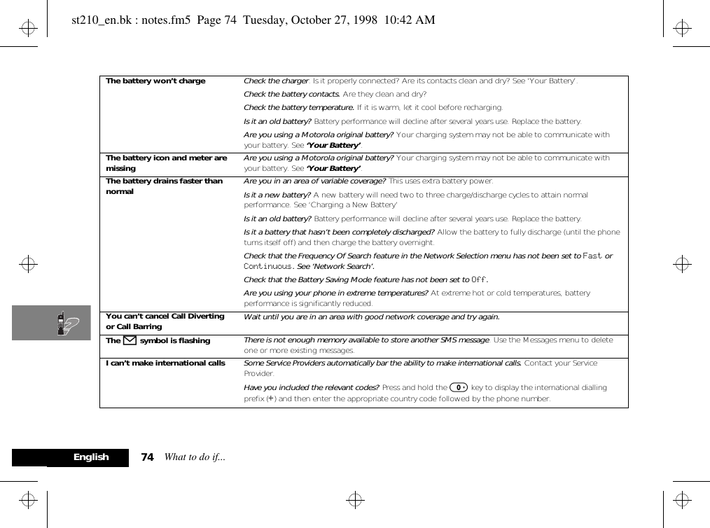 What to do if...74EnglishThe battery won’t charge Check the charger. Is it properly connected? Are its contacts clean and dry? See ‘Your Battery’.Check the battery contacts. Are they clean and dry?Check the battery temperature. If it is warm, let it cool before recharging.Is it an old battery? Battery performance will decline after several years use. Replace the battery.Are you using a Motorola original battery? Your charging system may not be able to communicate with your battery. See ‘Your Battery’.The battery icon and meter are missing Are you using a Motorola original battery? Your charging system may not be able to communicate with your battery. See ‘Your Battery’.The battery drains faster than normal Are you in an area of variable coverage? This uses extra battery power.Is it a new battery? A new battery will need two to three charge/discharge cycles to attain normal performance. See ‘Charging a New Battery’Is it an old battery? Battery performance will decline after several years use. Replace the battery.Is it a battery that hasn’t been completely discharged? Allow the battery to fully discharge (until the phone turns itself off) and then charge the battery overnight.Check that the Frequency Of Search feature in the Network Selection menu has not been set to Fast or Continuous. See ‘Network Search’.Check that the Battery Saving Mode feature has not been set to Off.Are you using your phone in extreme temperatures? At extreme hot or cold temperatures, battery performance is significantly reduced.You can’t cancel Call Diverting or Call Barring Wait until you are in an area with good network coverage and try again.The o symbol is flashing There is not enough memory available to store another SMS message. Use the Messages menu to delete one or more existing messages.I can’t make international calls Some Service Providers automatically bar the ability to make international calls. Contact your Service Provider.Have you included the relevant codes? Press and hold the 0 key to display the international dialling prefix (+) and then enter the appropriate country code followed by the phone number.st210_en.bk : notes.fm5  Page 74  Tuesday, October 27, 1998  10:42 AM