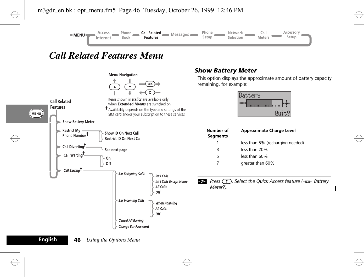 Using the Options Menu46EnglishCall Related Features MenuShow Battery MeterThis option displays the approximate amount of battery capacity remaining, for example:iPress E. Select the Quick Access feature (G Battery Meter?).Number of SegmentsApproximate Charge Level1 less than 5% (recharging needed)3 less than 20%5 less than 60%7 greater than 60%m3gdr_en.bk : opt_menu.fm5  Page 46  Tuesday, October 26, 1999  12:46 PM