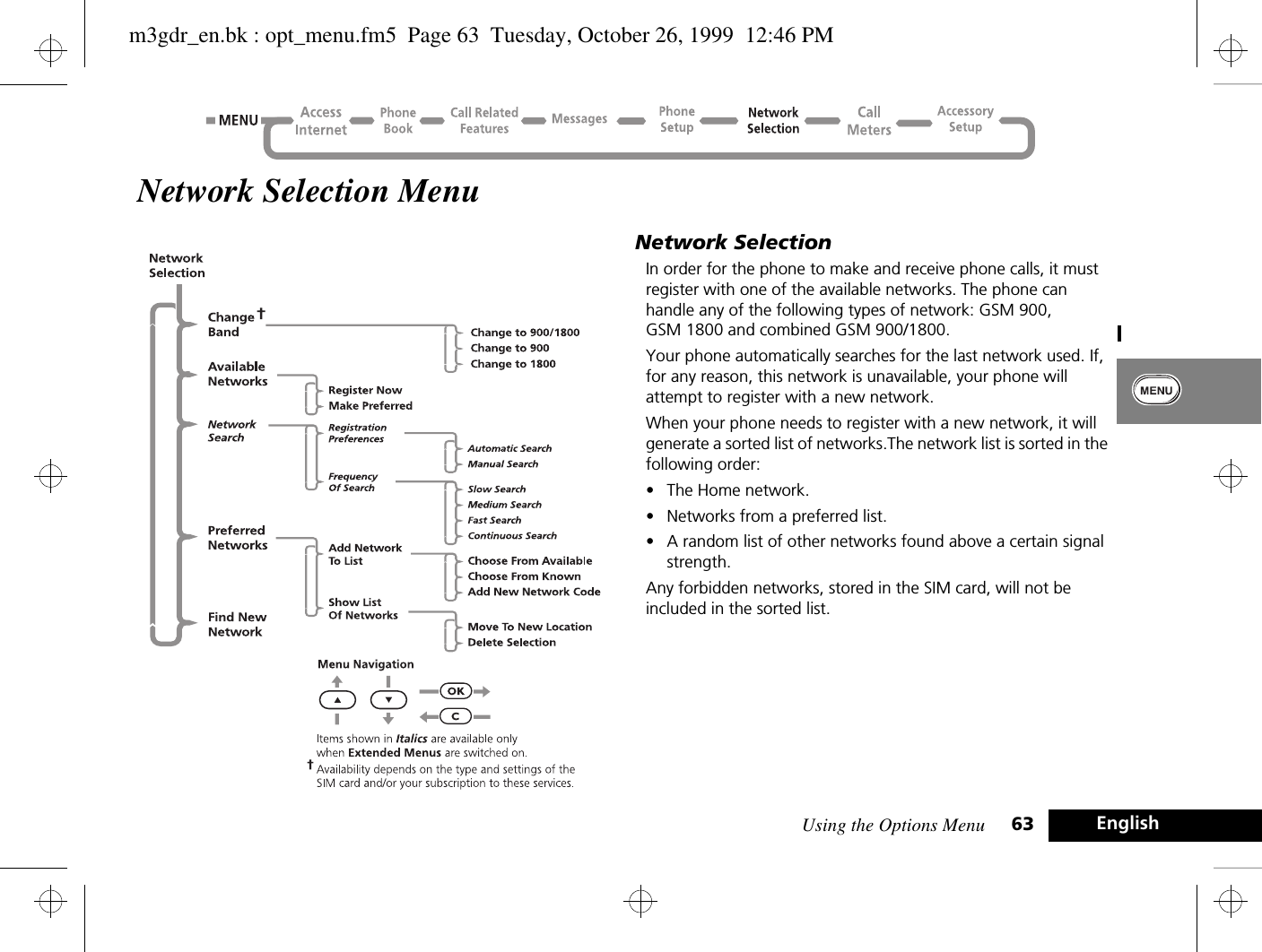 Using the Options Menu 63 EnglishNetwork Selection MenuNetwork SelectionIn order for the phone to make and receive phone calls, it must register with one of the available networks. The phone can handle any of the following types of network: GSM 900, GSM 1800 and combined GSM 900/1800.Your phone automatically searches for the last network used. If, for any reason, this network is unavailable, your phone will attempt to register with a new network.When your phone needs to register with a new network, it will generate a sorted list of networks.The network list is sorted in the following order:•The Home network.•Networks from a preferred list.•A random list of other networks found above a certain signal strength.Any forbidden networks, stored in the SIM card, will not be included in the sorted list.m3gdr_en.bk : opt_menu.fm5  Page 63  Tuesday, October 26, 1999  12:46 PM