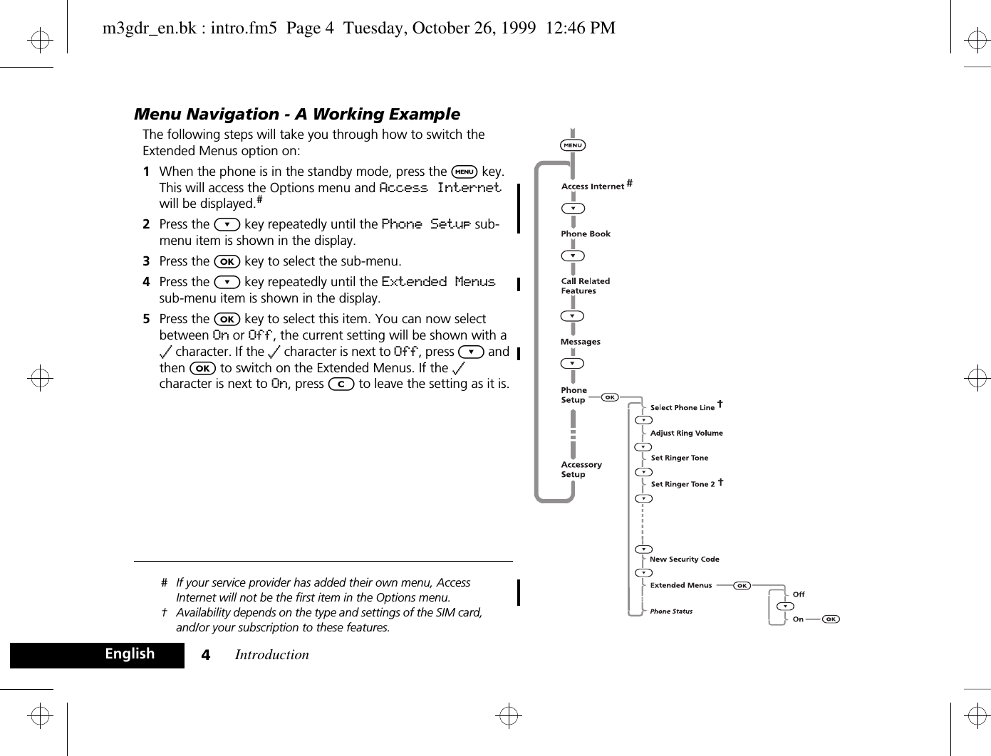 Introduction4EnglishMenu Navigation - A Working ExampleThe following steps will take you through how to switch the Extended Menus option on:1When the phone is in the standby mode, press the $ key. This will access the Options menu and Access Internet will be displayed.#2Press the ¿ key repeatedly until the Phone Setup sub-menu item is shown in the display.3Press the O key to select the sub-menu.4Press the ¿ key repeatedly until the Extended Menus sub-menu item is shown in the display.5Press the O key to select this item. You can now select between On or Off, the current setting will be shown with a z character. If the z character is next to Off, press ¿ and then O to switch on the Extended Menus. If the z character is next to On, press C to leave the setting as it is.# If your service provider has added their own menu, Access Internet will not be the first item in the Options menu.† Availability depends on the type and settings of the SIM card, and/or your subscription to these features.m3gdr_en.bk : intro.fm5  Page 4  Tuesday, October 26, 1999  12:46 PM