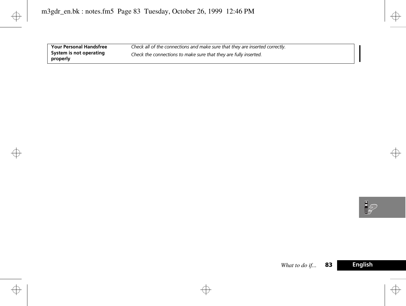 What to do if... 83 EnglishYour Personal Handsfree System is not operating properlyCheck all of the connections and make sure that they are inserted correctly. Check the connections to make sure that they are fully inserted.m3gdr_en.bk : notes.fm5  Page 83  Tuesday, October 26, 1999  12:46 PM